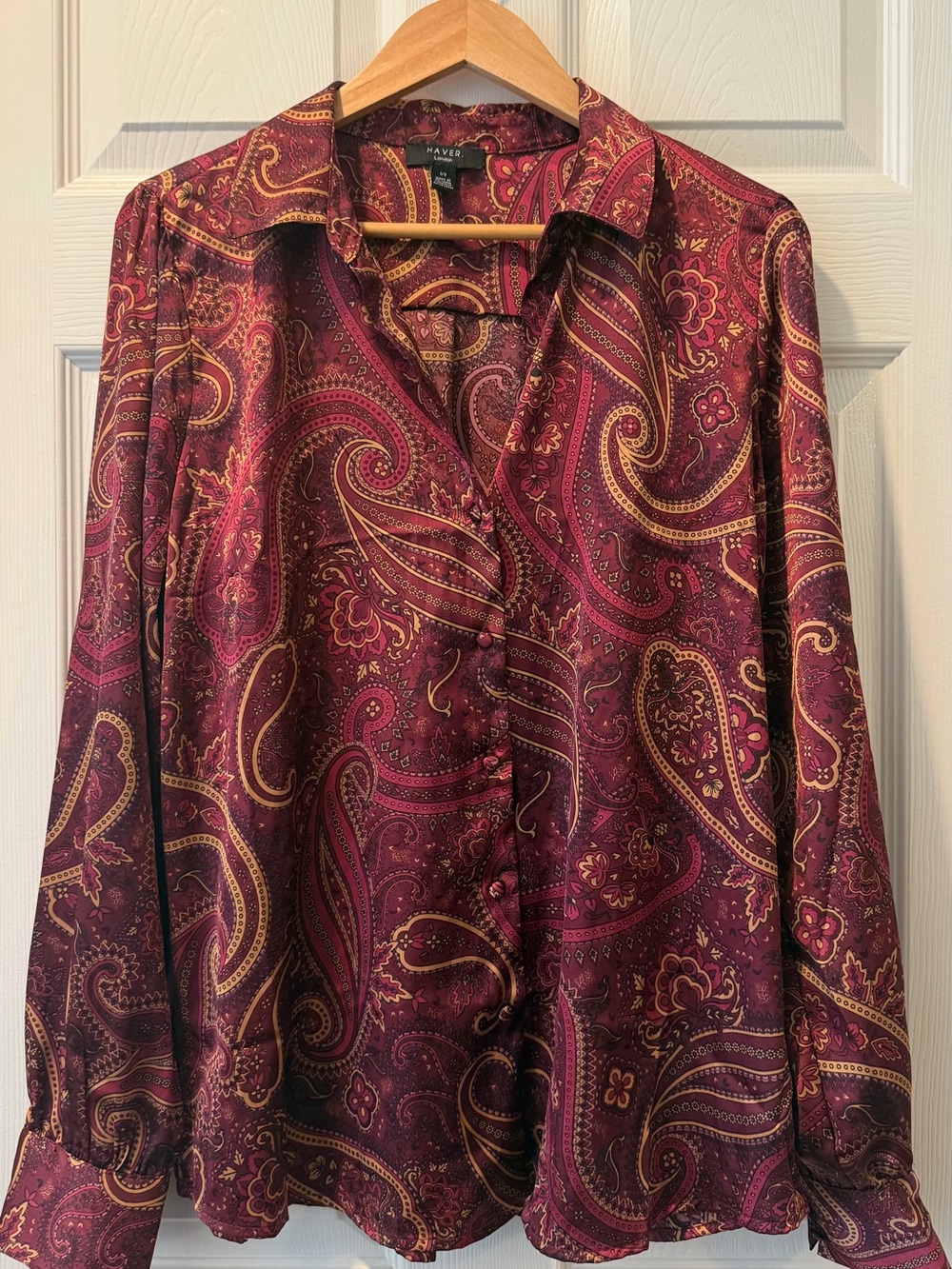 HAVER London Burgundy Paisley Silk-Feel Blouse